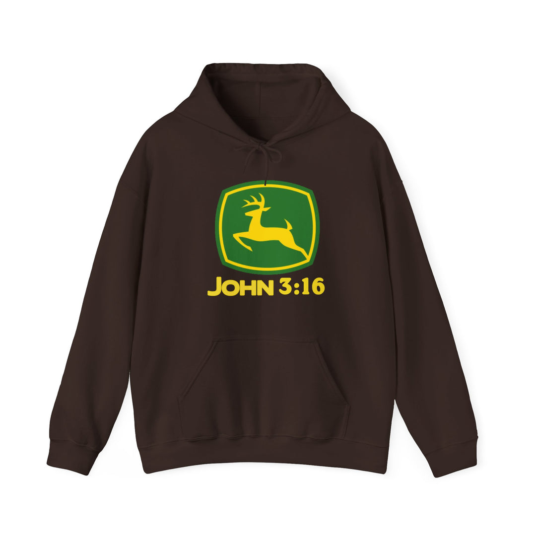 Dark-brown John 3:16 Hoodie with yellow leaping deer logo on green shield; features kangaroo pocket and matching drawstring. Ideal for warmth and style.
