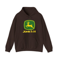Dark-brown John 3:16 Hoodie with yellow leaping deer logo on green shield; features kangaroo pocket and matching drawstring. Ideal for warmth and style.