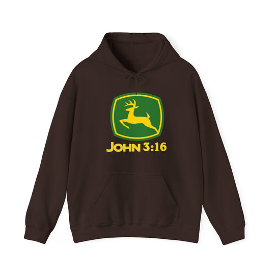 Dark-brown John 3:16 Hoodie with yellow leaping deer logo on green shield; features kangaroo pocket and matching drawstring. Ideal for warmth and style.
