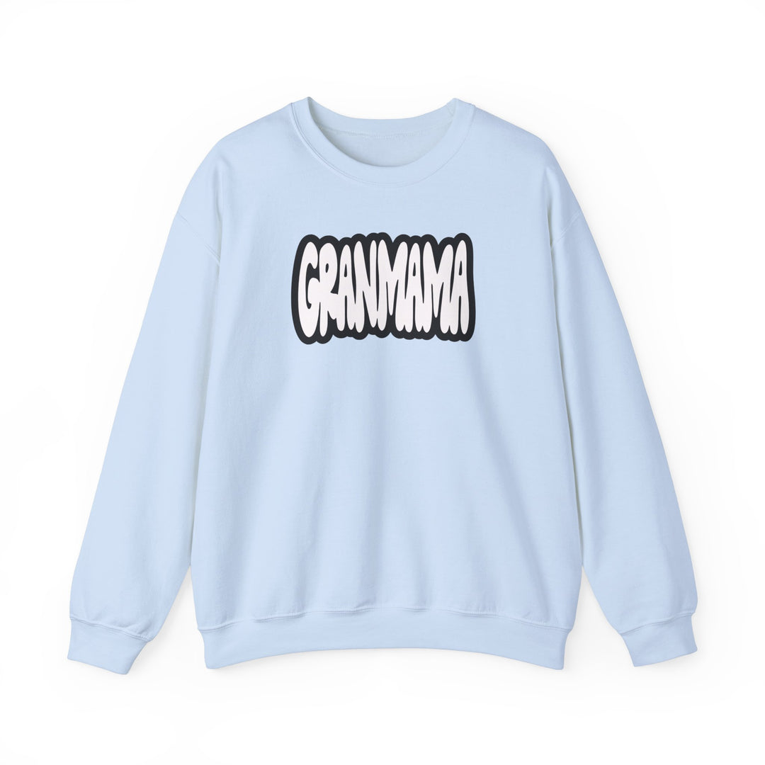 A comfortable Granmama Crew unisex sweatshirt in blue with white text. Made of 50% cotton and 50% polyester, featuring ribbed knit collar and a loose fit. Ideal for any occasion.