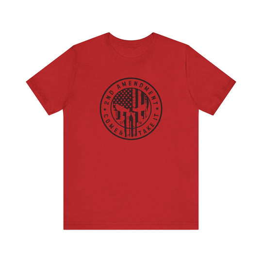 Red shirt with 2nd Amendment Come and Take It logo, flag, and gun design. Unisex jersey tee in 100% cotton, retail fit, with ribbed knit collar and tear away label. Sizes XS to 3XL.