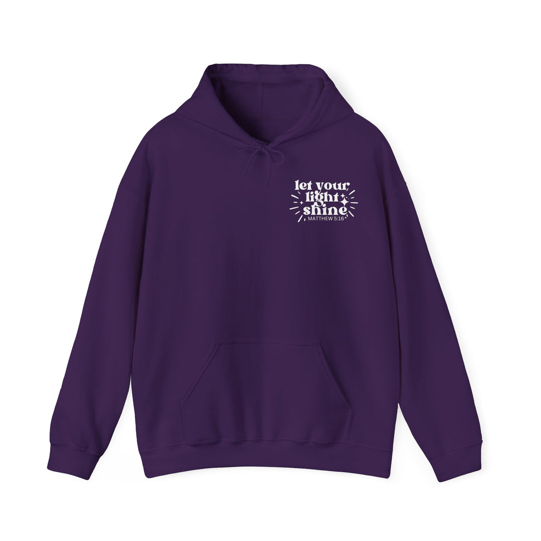 Unisex Let Your Light Shine Hoodie, a cozy blend of cotton and polyester. Features kangaroo pocket, drawstring hood. Medium-heavy fabric, tear-away label, true to size fit. Ideal for cold days.