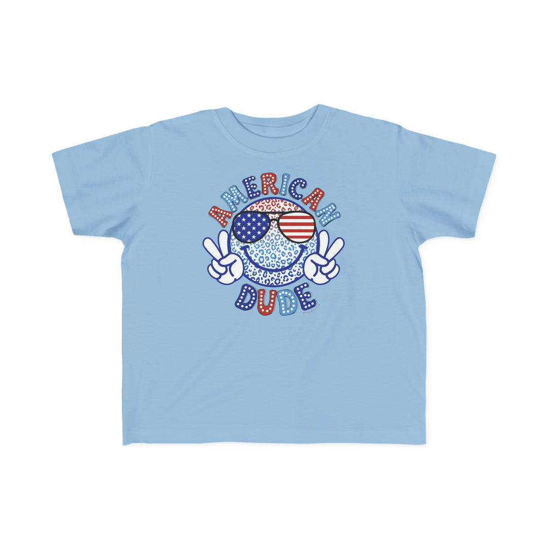 American Dude Toddler Tee featuring a cartoon character and peace sign. Soft 100% combed ringspun cotton, tear-away label, classic fit, perfect for sensitive skin. Sizes 2T to 5-6T.