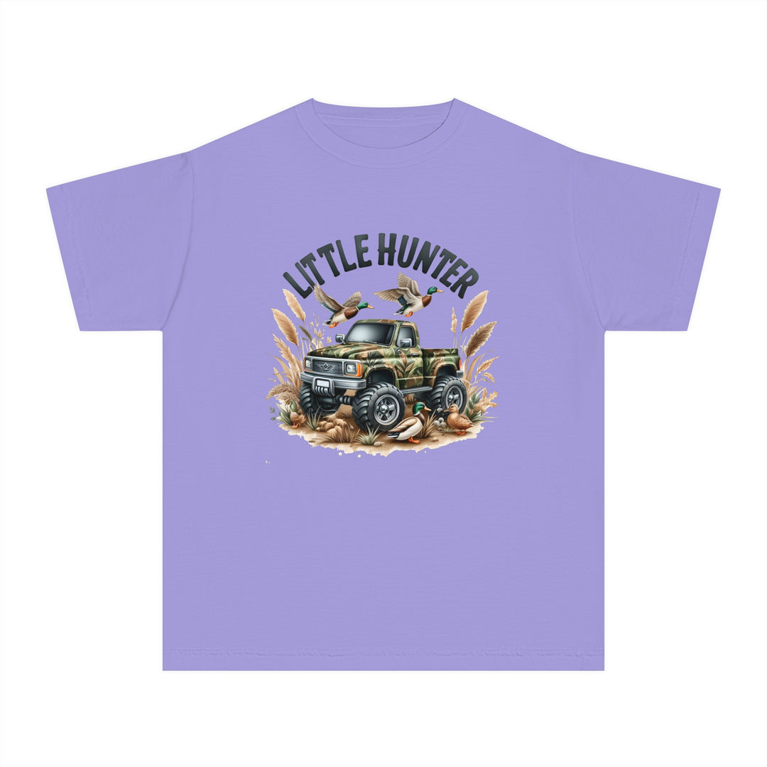 A Little Hunter Kids Tee featuring a purple truck and ducks design on soft combed cotton. Ideal for active kids, offering comfort and agility for study or play. Classic fit, light fabric, and sew-in twill label included.