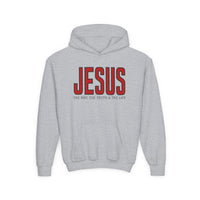 Youth hoodie with JESUS in red and THE WAY, THE TRUTH & THE LIFE beneath, featuring a kangaroo pocket and hood, made from soft fleece.