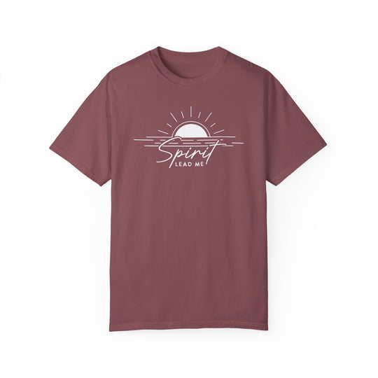 A maroon Spirit Lead Me Tee, a relaxed fit garment-dyed t-shirt made of 100% ring-spun cotton. Soft-washed fabric, double-needle stitching, no side-seams for durability and comfort. Sizes: S-3XL.