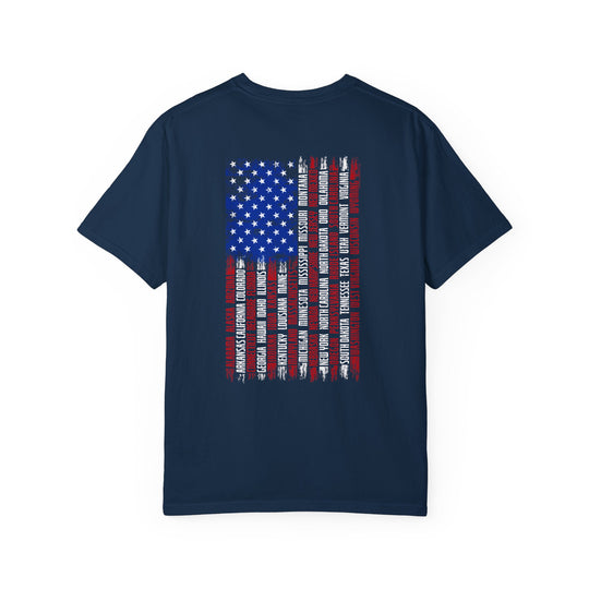 A relaxed fit State Flag Tee crafted from 100% ring-spun cotton, featuring a flag design on a blue shirt. Garment-dyed for extra coziness, with durable double-needle stitching and a seamless tubular shape.