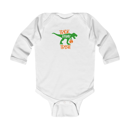 A white baby bodysuit featuring a dinosaur design, ideal for infants. Made of soft 100% combed ring-spun cotton, with plastic snaps for easy changing. Perfect for Trick Rawr Treat Long Sleeve Onesie.
