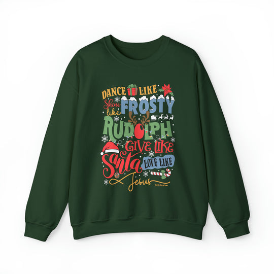 Unisex Frosty Rudolph Santa Jesus Crew sweatshirt, a cozy blend of polyester and cotton. Ribbed knit collar, no itchy seams, loose fit. Medium-heavy fabric. Sizes S-5XL. Sewn-in label.