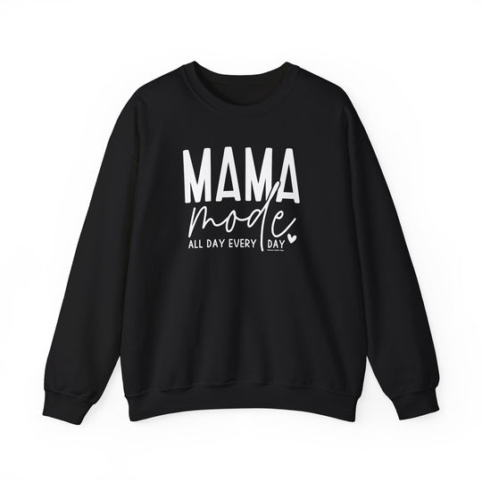A unisex heavy blend crewneck sweatshirt, Mama Mode Crew, in black with white text. Made of 50% cotton, 50% polyester, ribbed knit collar, no itchy side seams. Medium-heavy fabric, loose fit, true to size.
