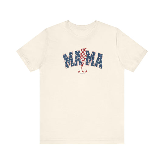 A white t-shirt featuring red and blue text, perfect for 4th Mama Tee fans. Unisex jersey tee with ribbed knit collars, taping on shoulders, and Airlume combed cotton for a comfy fit.