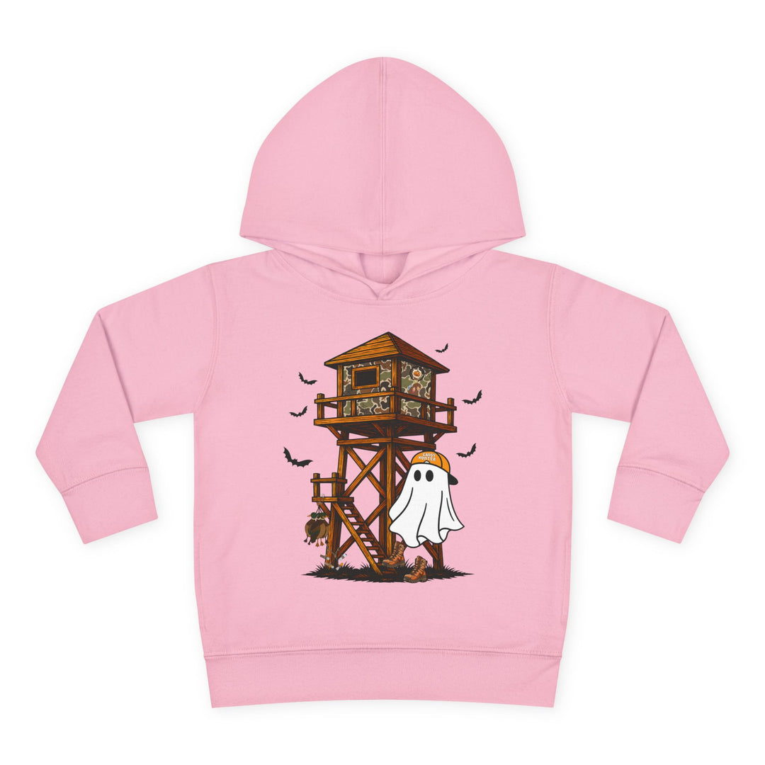 Ghost Hunter Toddler Hoodie featuring a cartoon ghost in hunting gear beside a camo deer stand, with bats and pumpkins, ensuring comfort and durability for toddlers.
