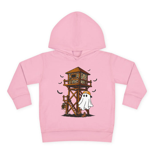 Ghost Hunter Toddler Hoodie featuring a cartoon ghost in hunting gear beside a camo deer stand, with bats and pumpkins, ensuring comfort and durability for toddlers.
