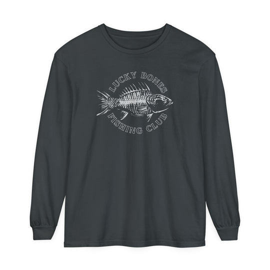 A Lucky Bones Fishing Club Long Sleeve Tee featuring a fish skeleton graphic on black fabric. Made of soft 100% ring-spun cotton with a relaxed fit for ultimate comfort. Ideal for casual wear.