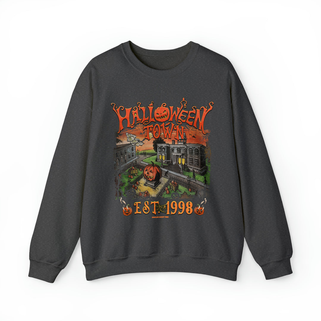 A cozy Halloweentown Crew sweatshirt featuring a pumpkin and house design. Unisex heavy blend, ribbed knit collar, no itchy side seams. 50% cotton, 50% polyester, loose fit. Ideal for comfort.