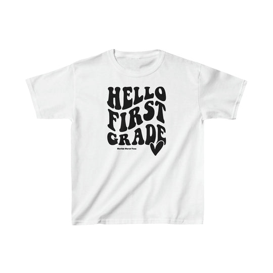 A kids' 1st Grade Tee, white with black text, in a classic fit. 100% cotton fabric, tear-away label, durable twill tape shoulders, and ribbed collar. Ideal for everyday wear.
