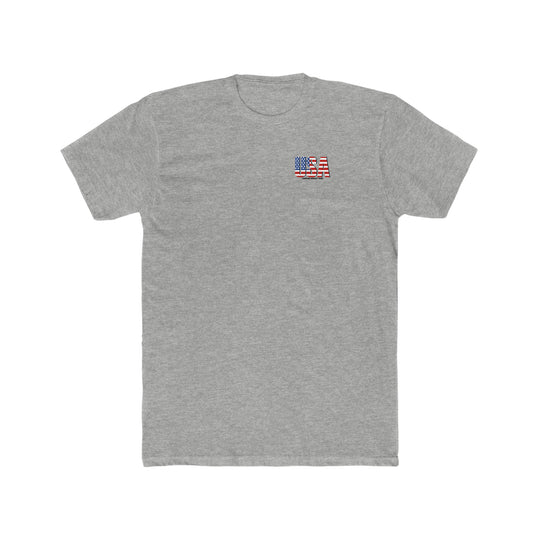 A premium fitted United We Stand Tee in grey, featuring a flag patch and logo. Made of 100% combed, ring-spun cotton, light fabric, tear-away label, and a statement print.