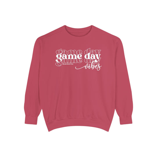 Unisex Game Day Vibes Crew sweatshirt in red with white text. Made of 80% ring-spun cotton and 20% polyester, featuring a relaxed fit and rolled-forward shoulder. Medium-heavy fabric, garment-dyed for luxurious comfort.