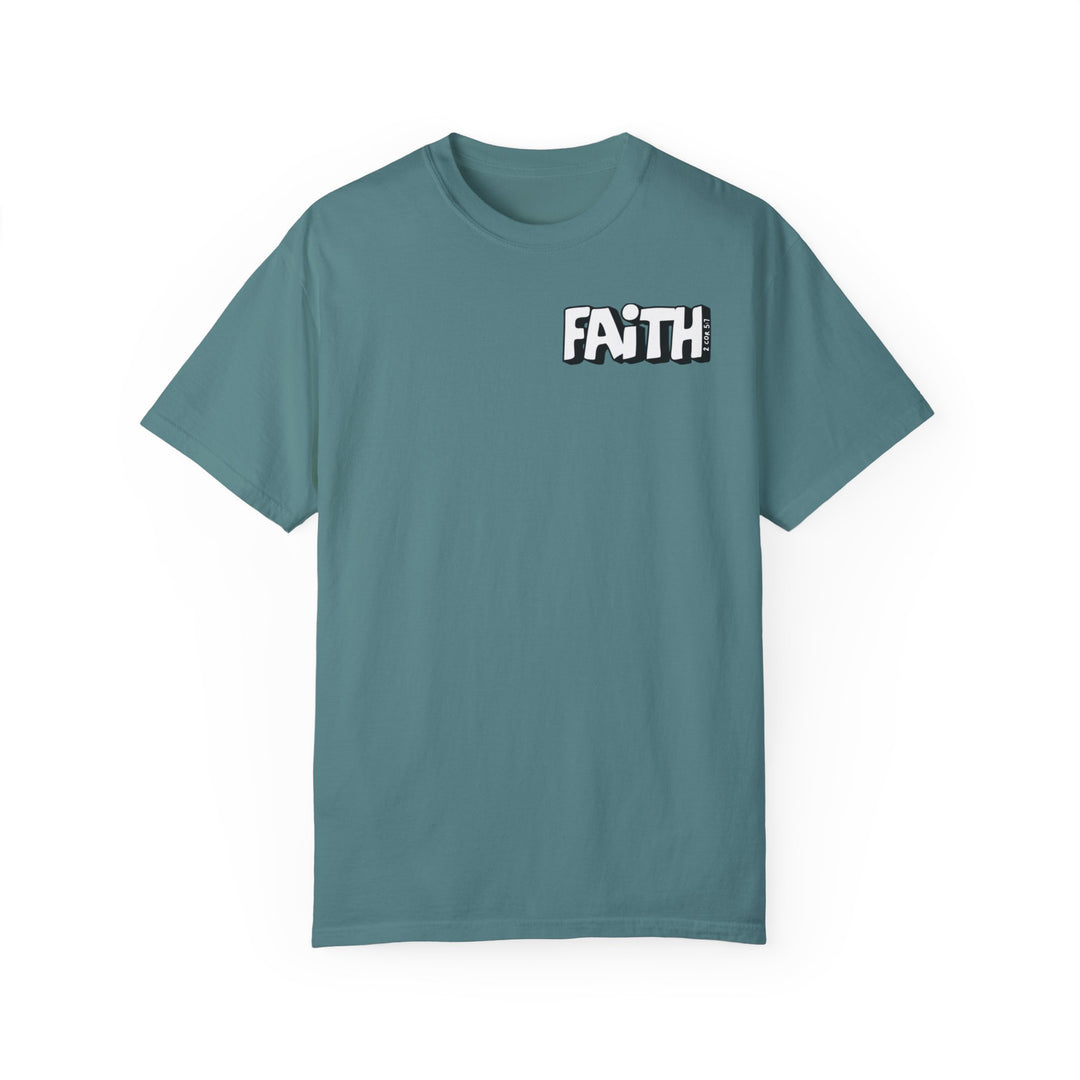 Relaxed fit Walk By Faith Not By Sight Tee, garment-dyed with ring-spun cotton. Soft-washed fabric, double-needle stitching for durability, no side-seams for shape retention. Medium weight, cozy daily wear.