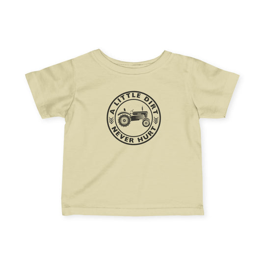 Toddler T-shirt featuring a tractor graphic with A LITTLE DIRT NEVER HURT slogan, designed for comfort and durability with 100% ring-spun cotton.