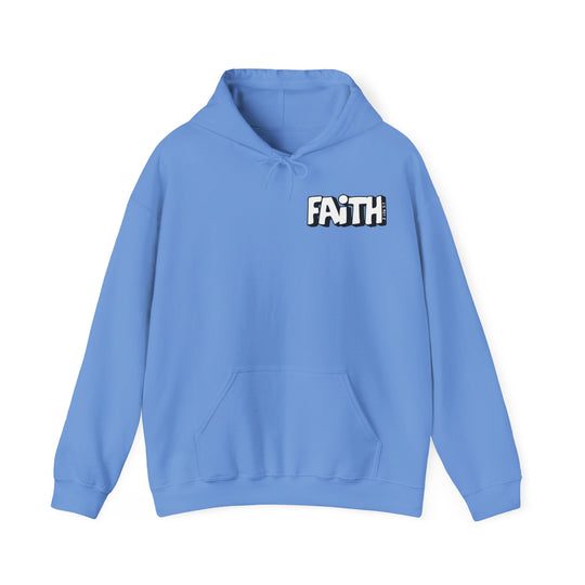 A blue hooded sweatshirt featuring Walk By Faith Not By Sight text. Unisex heavy blend of cotton and polyester, with kangaroo pocket and drawstring hood. Medium-heavy fabric, tear-away label, classic fit.
