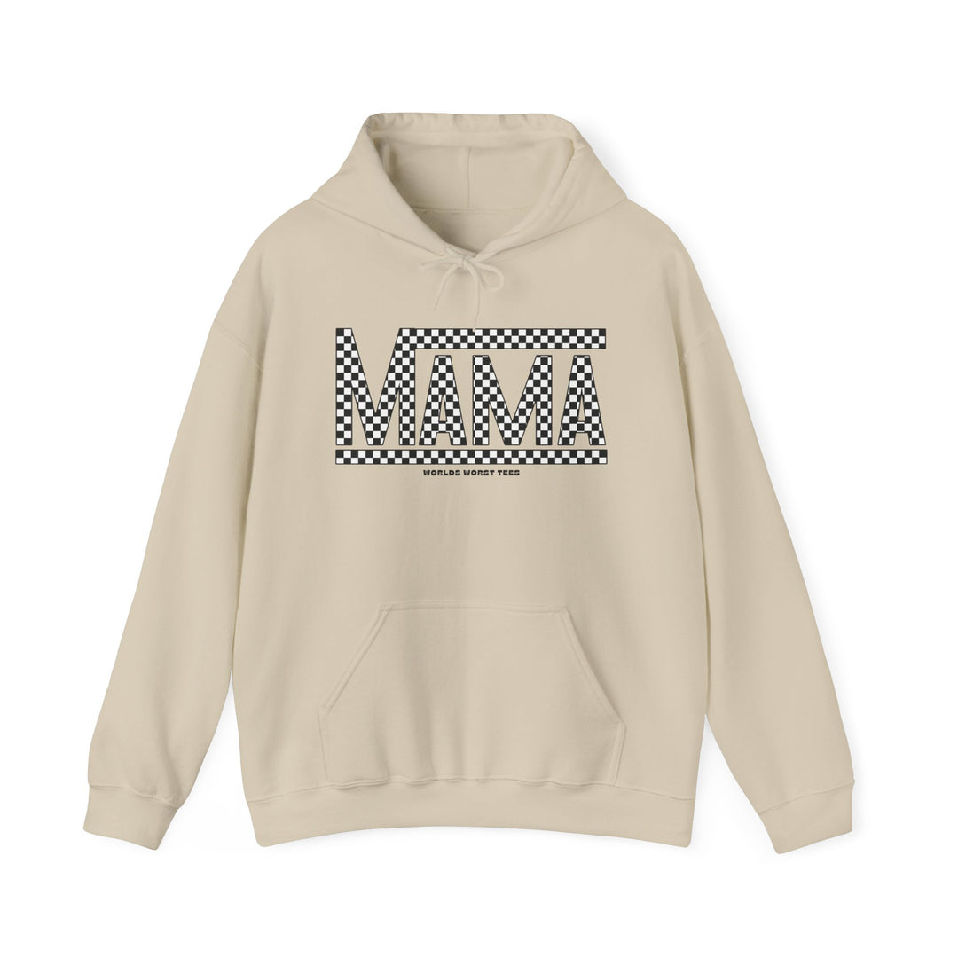 Unisex Vans Mama Hoodie: Beige sweatshirt with black and white checkered letters, kangaroo pocket, and drawstring hood. Cotton-polyester blend, medium-heavy fabric, classic fit. Ideal for comfort and style.