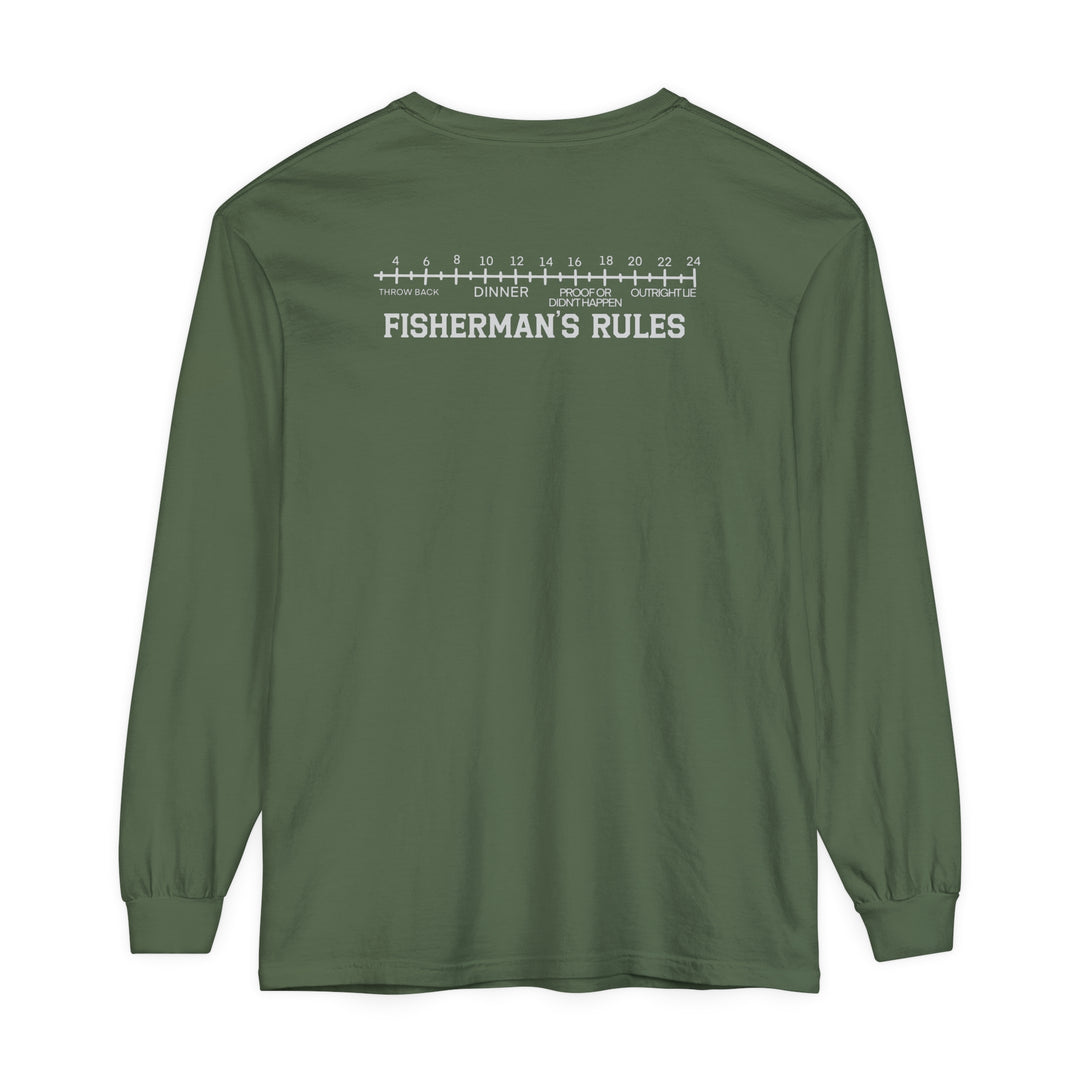 A Lucky Bones Fishing Club Long Sleeve Tee in green with white text. 100% ring-spun cotton, garment-dyed fabric, relaxed fit for comfort. Ideal for casual wear.