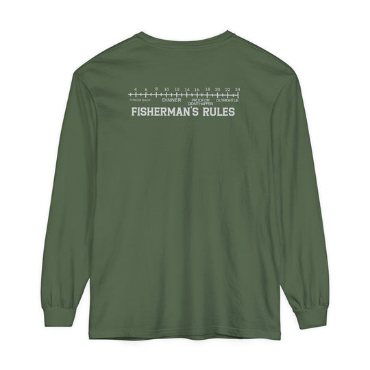 A Lucky Bones Fishing Club Long Sleeve Tee in green with white text. 100% ring-spun cotton, garment-dyed fabric, relaxed fit for comfort. Ideal for casual wear.