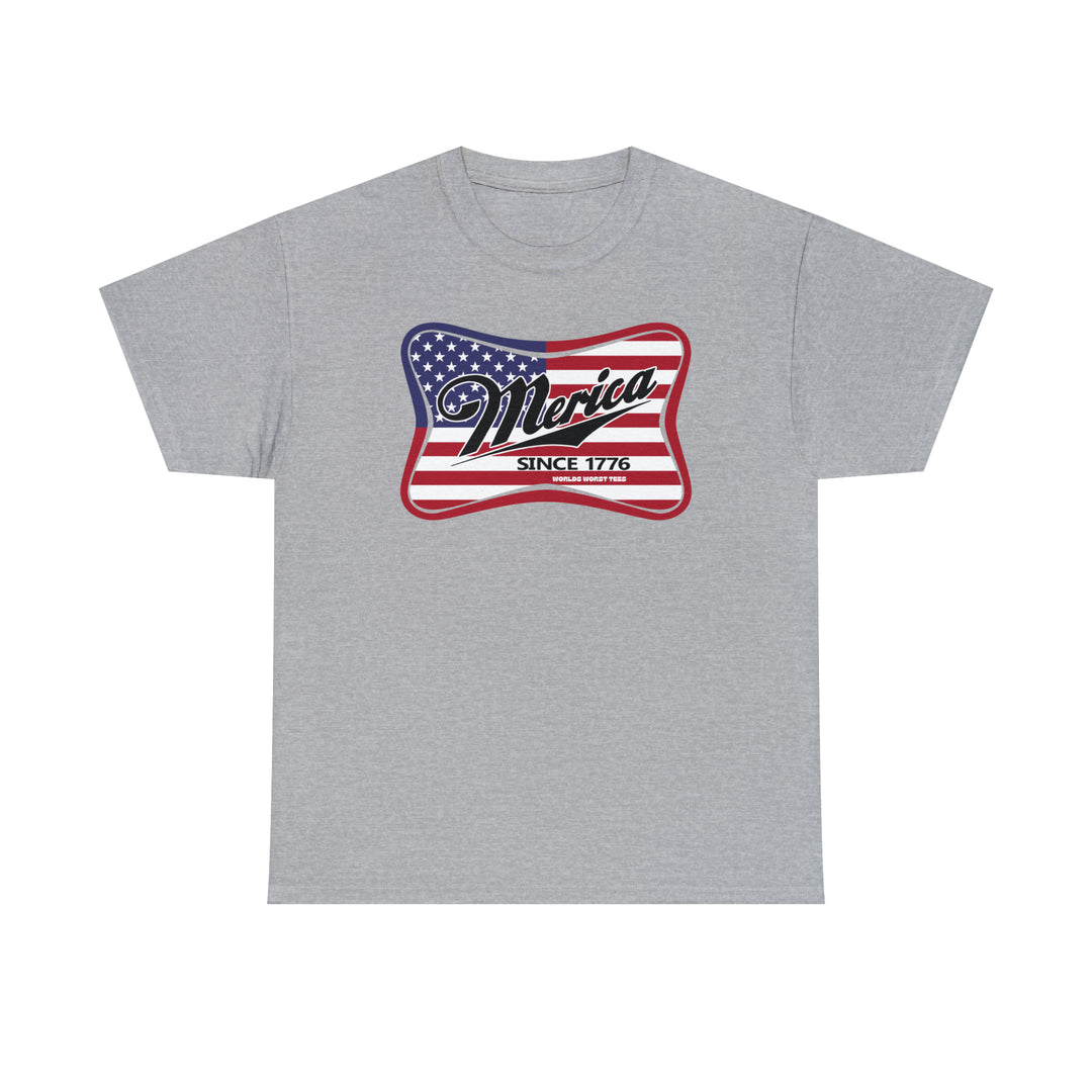Merica Tee: Unisex heavy cotton t-shirt with flag design. No side seams for comfort, tape on shoulders for durability. Ribbed knit collar, 100% cotton. Classic fit, medium weight fabric. Runs true to size.