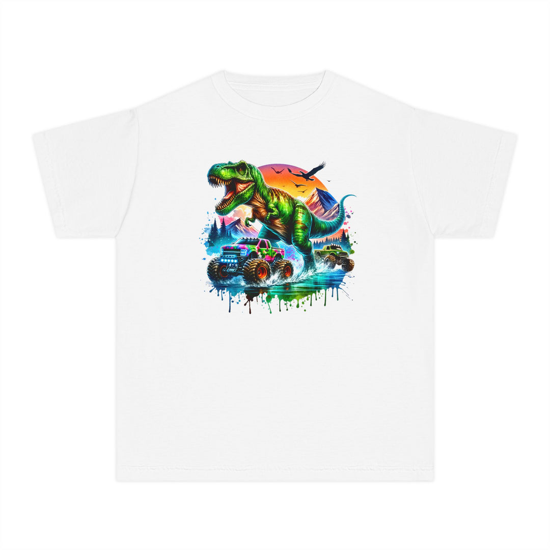 Dino Truck Kids Tee features a vibrant T-rex scene with monster trucks, perfect for active kids, crafted from soft-washed, 100% combed ring-spun cotton for comfort.