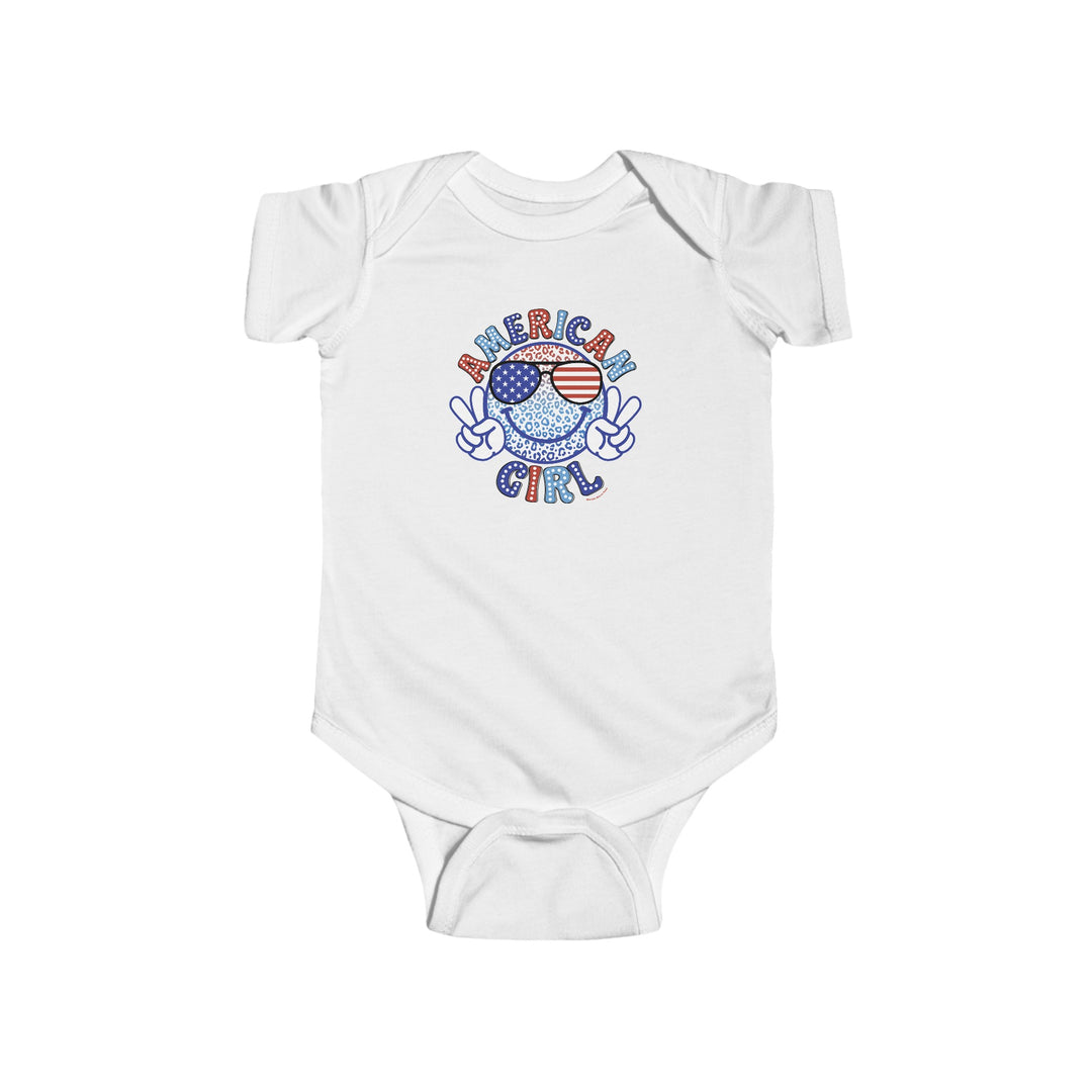 American Girl Onesie: White baby bodysuit featuring a cartoon character logo. 100% cotton fabric, ribbed knit bindings, and plastic snaps for easy changing. Ideal for infants, with a light 4.5 oz/yd² fabric.