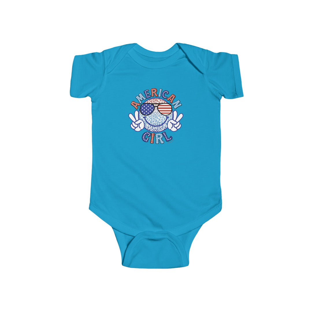 American Girl Onesie with cartoon character and peace sign design on blue baby bodysuit. 100% cotton, light fabric, ribbed knit bindings, plastic snaps for easy changing. From Worlds Worst Tees.