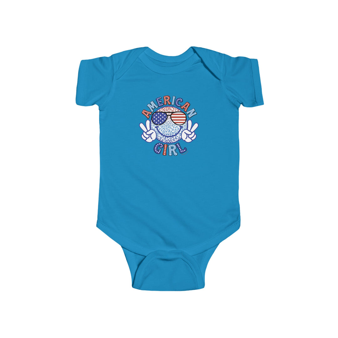 American Girl Onesie featuring a blue baby bodysuit with a cartoon character. Made of 100% cotton, light fabric, with ribbed knitting for durability and plastic snaps for easy changing access. Sizes range from 0-3M to 24M.