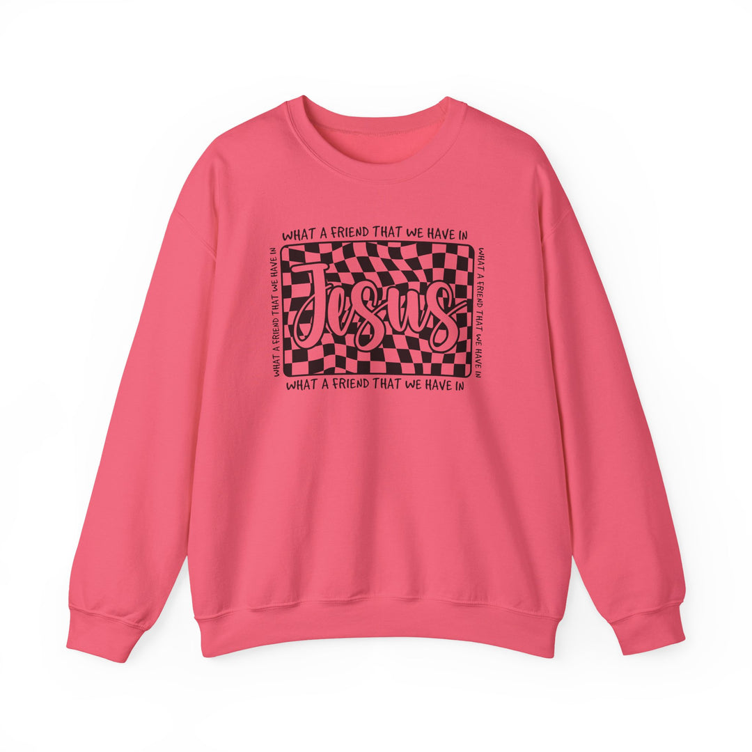 Pink crew-neck sweatshirt featuring What a Friend We Have in Jesus in a warped checkerboard design, offering cozy, durable comfort with ethical production.