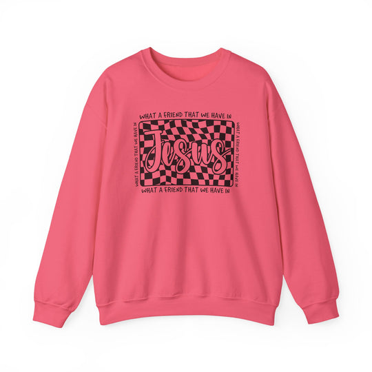 Pink crew-neck sweatshirt featuring What a Friend We Have in Jesus in a warped checkerboard design, offering cozy, durable comfort with ethical production.