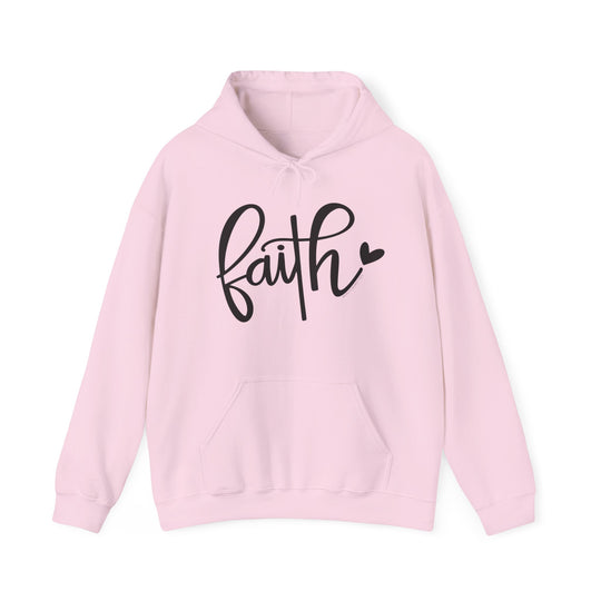 A pink Faith Hoodie, a cozy blend of cotton and polyester, featuring a kangaroo pocket and matching drawstring hood. Unisex, classic fit, medium-heavy fabric. Ideal for chilly days.