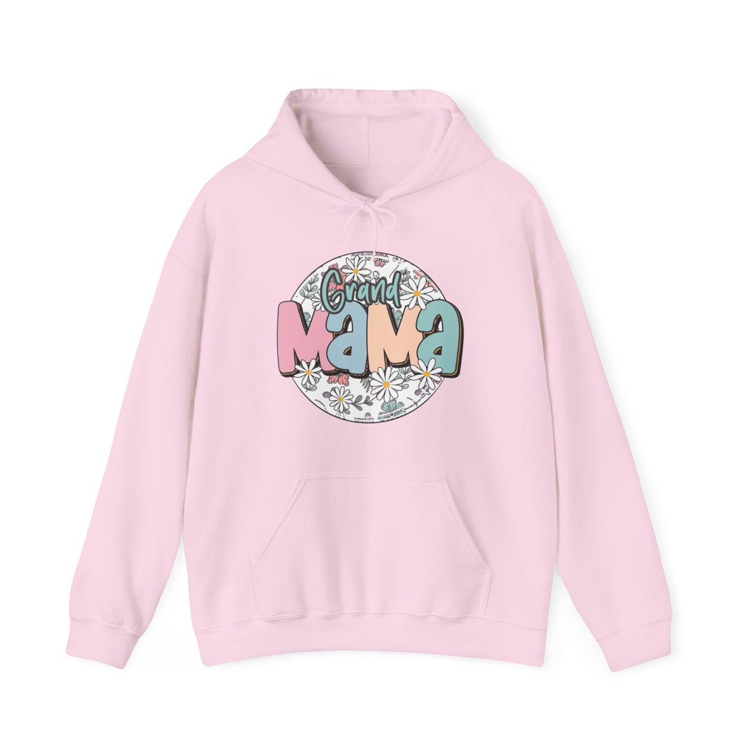 A pink hooded sweatshirt featuring a logo, ideal for chilly days. Unisex, cotton-polyester blend, kangaroo pocket, and matching drawstring. Sassy Grand Mama Flower Hoodie from Worlds Worst Tees.