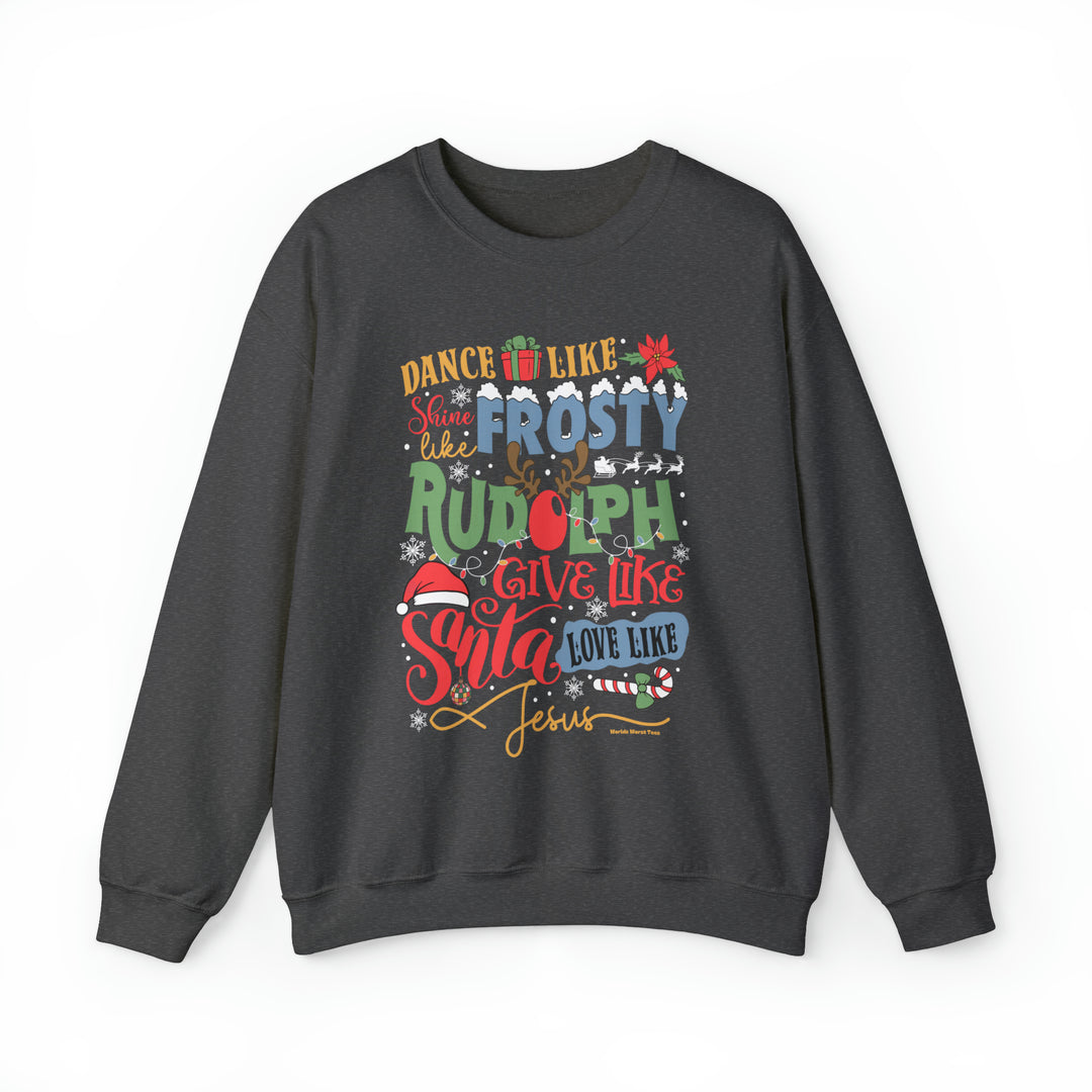 A unisex heavy blend crewneck sweatshirt featuring Frosty Rudolph Santa Jesus Crew design. Medium-heavy fabric, ribbed knit collar, and no itchy side seams. Sizes S-5XL. Ideal for comfort and style.