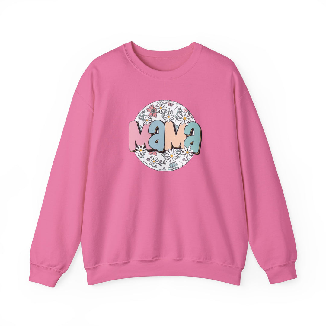 A pink Sassy Mama Flower Crew sweatshirt with a logo, ideal for comfort in a heavy blend fabric. Unisex sizing from S to 5XL, ribbed knit collar, and no itchy side seams. Made of 50% cotton, 50% polyester.