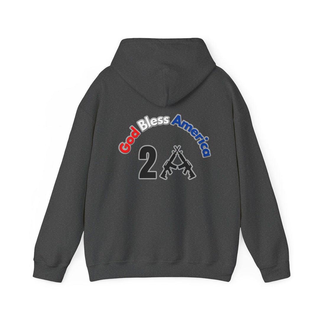 A grey God Bless America 2A hoodie, featuring a logo on a plush cotton-polyester blend. Unisex, with kangaroo pocket and drawstring hood. Medium-heavy fabric, tear-away label, true to size.