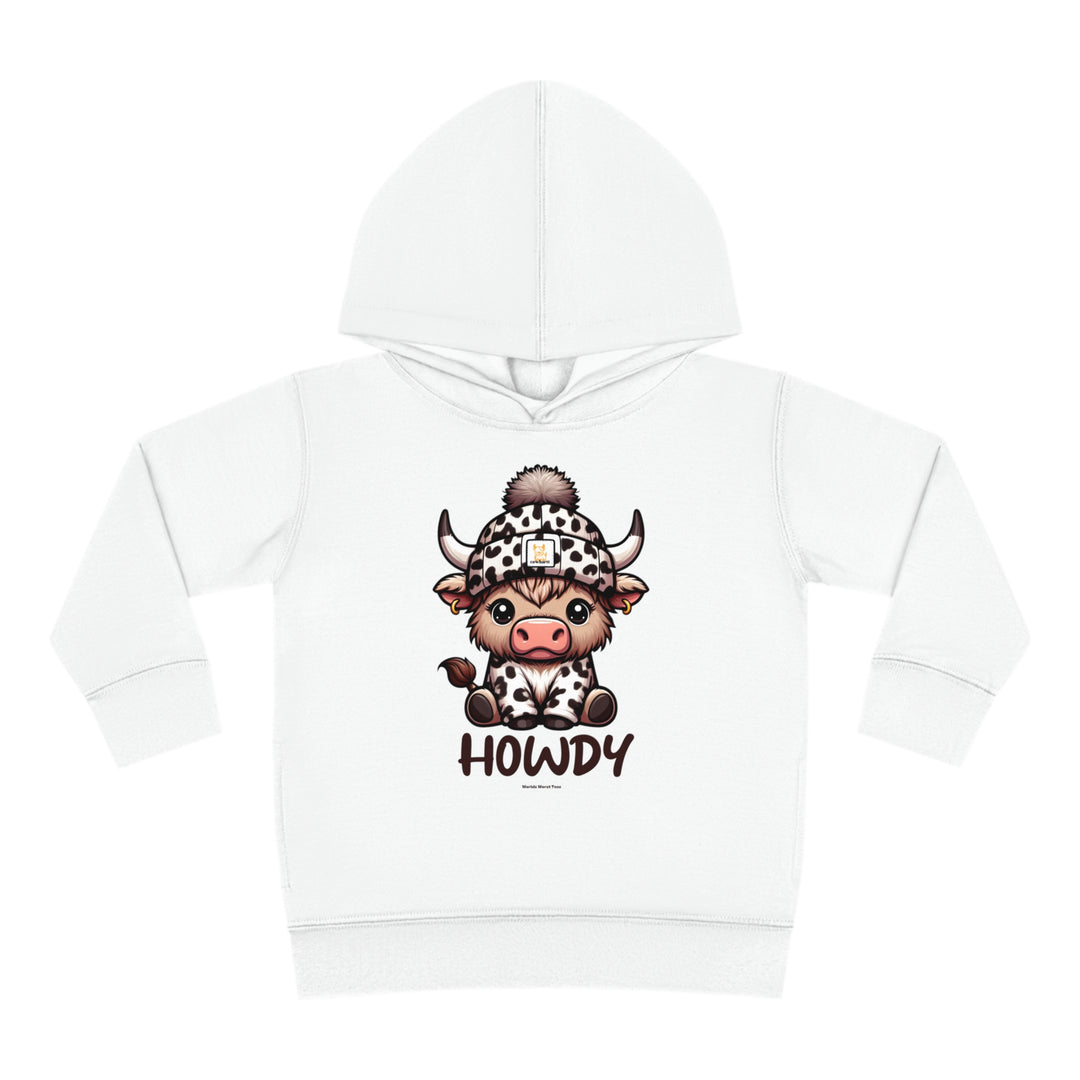 Toddler hoodie featuring a cow design, jersey-lined hood, cover-stitched details, and side seam pockets. Made of 60% cotton, 40% polyester for lasting coziness. From 'Worlds Worst Tees'.