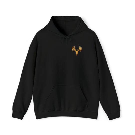 A Tagged Out Sweatshirt featuring a black base with a yellow deer head, a classic fit hoodie made of 50% cotton and 50% polyester, with a kangaroo pocket and drawstring hood. Ideal for comfort and style.