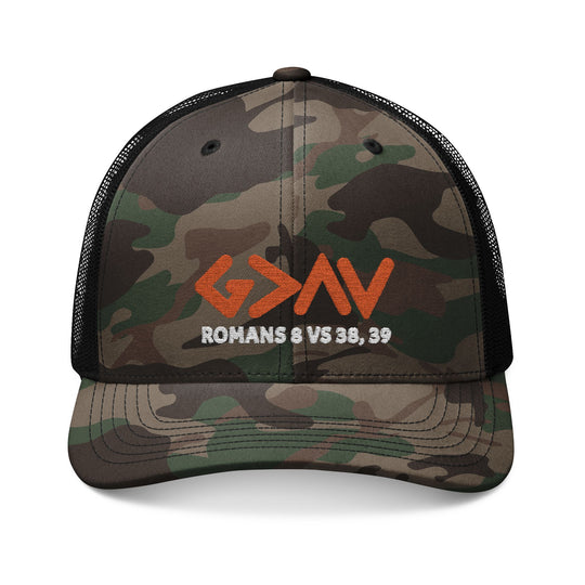 God is Greater Camouflage Trucker Hat (Embroidery) with a cotton front, mesh back, adjustable snap closure, camo print, and sturdy visor stitching.