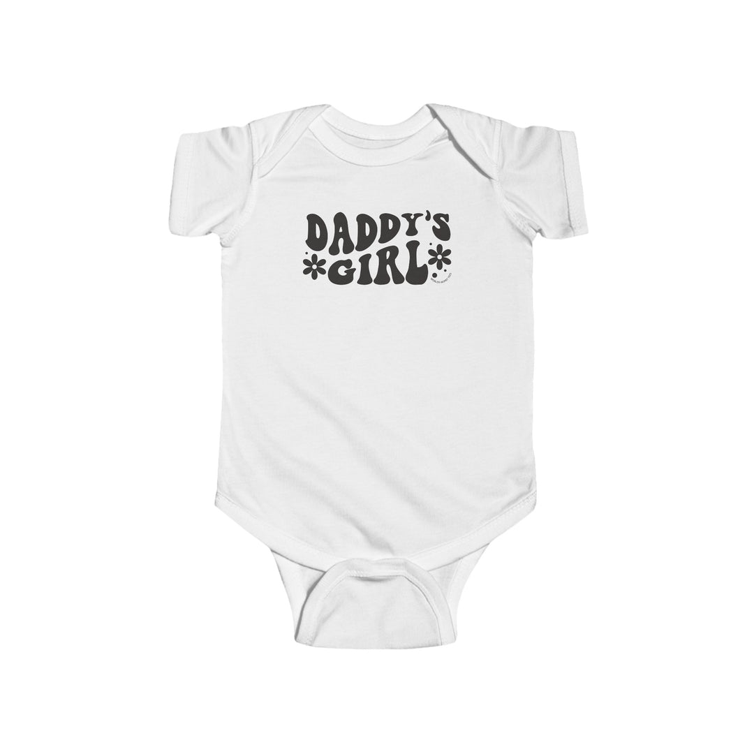 A durable and soft Daddy's Girl Onesie for infants, featuring black text on a white bodysuit. Made of 100% cotton, with ribbed knitting for durability and plastic snaps for easy changing. From Worlds Worst Tees.