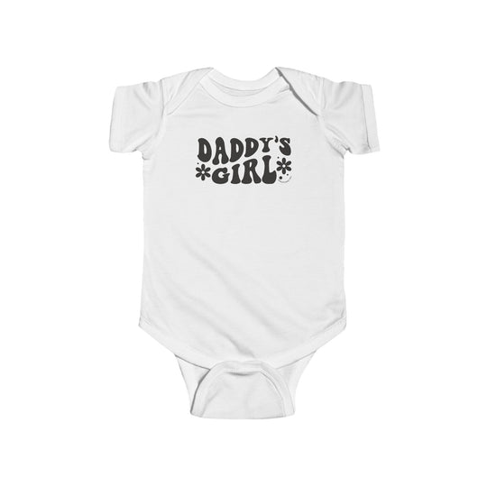 A durable and soft Daddy's Girl Onesie for infants, featuring black text on a white bodysuit. Made of 100% cotton, with ribbed knitting for durability and plastic snaps for easy changing. From Worlds Worst Tees.