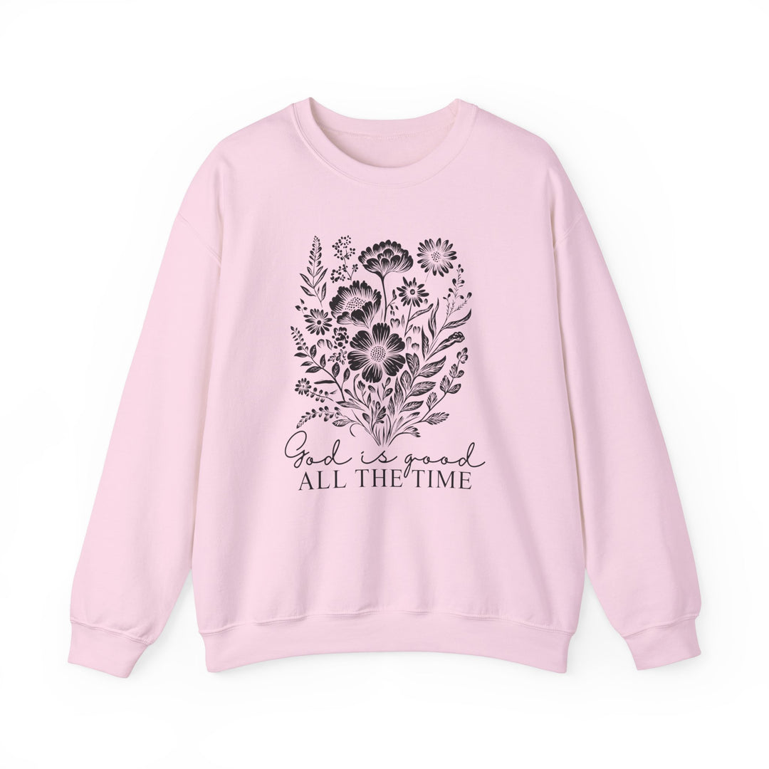 GOD is Good All the Time Crew sweatshirt, featuring a ribbed collar and durable stitching, designed for comfort and style with a classic fit.