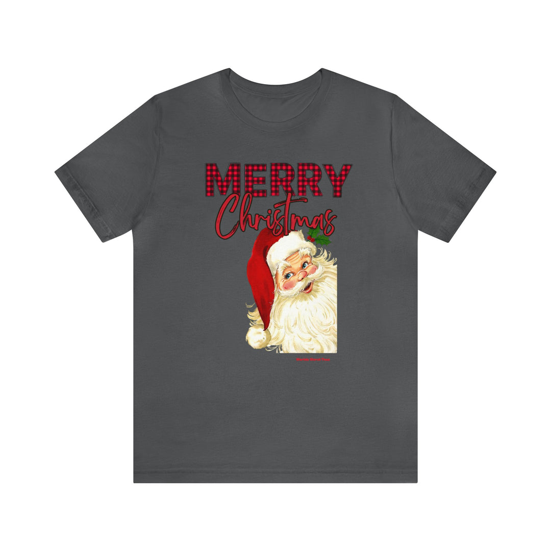 Christmas Santa Tee: Unisex grey t-shirt featuring Santa Claus design. Soft Airlume cotton, ribbed collar, and durable seams. Available in various sizes. Retail fit, true to size.