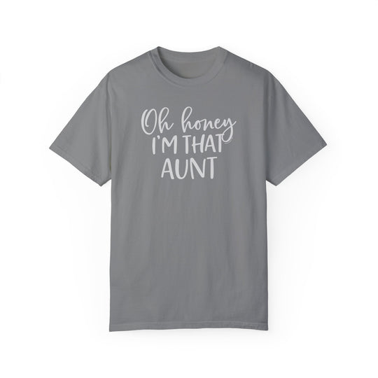 Relaxed fit Oh Honey I'm that Aunt Tee in grey, 100% ring-spun cotton. Double-needle stitching for durability, no side-seams for shape retention. Medium weight, cozy wardrobe essential.