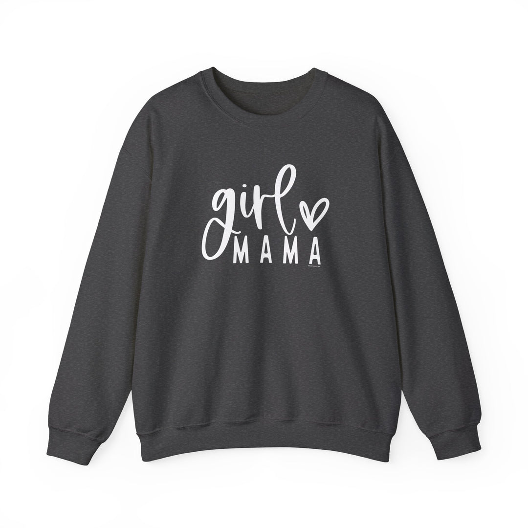 A Girl Mama Crew unisex sweatshirt in grey with white text. Made of 50% cotton and 50% polyester, featuring ribbed knit collar and a loose fit. Perfect for comfort in any setting.