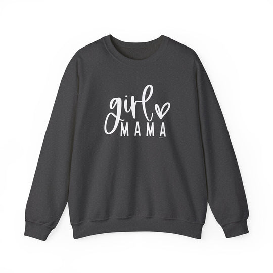 A Girl Mama Crew unisex sweatshirt in grey with white text. Made of 50% cotton and 50% polyester, featuring ribbed knit collar and a loose fit. Perfect for comfort in any setting.